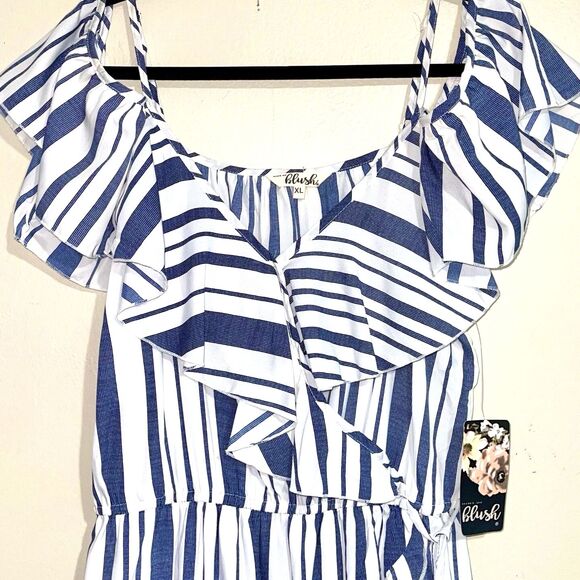 Blue White Off The Shoulders Ruffles Striped Maxi Sun Dress Size XL Womens - Picture 12 of 15